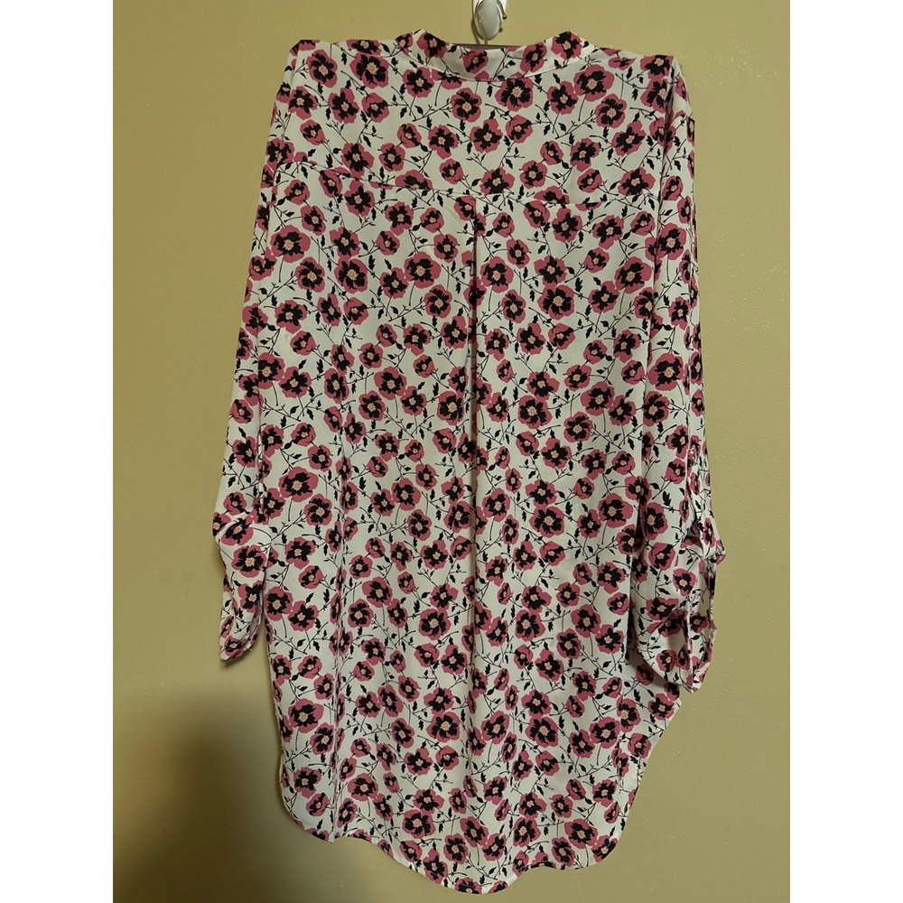Pink Black Floral Poppy Roll Tab Sleeve V-Neck Blouse Top M cottagecor lagenlook - Picture 5 of 8